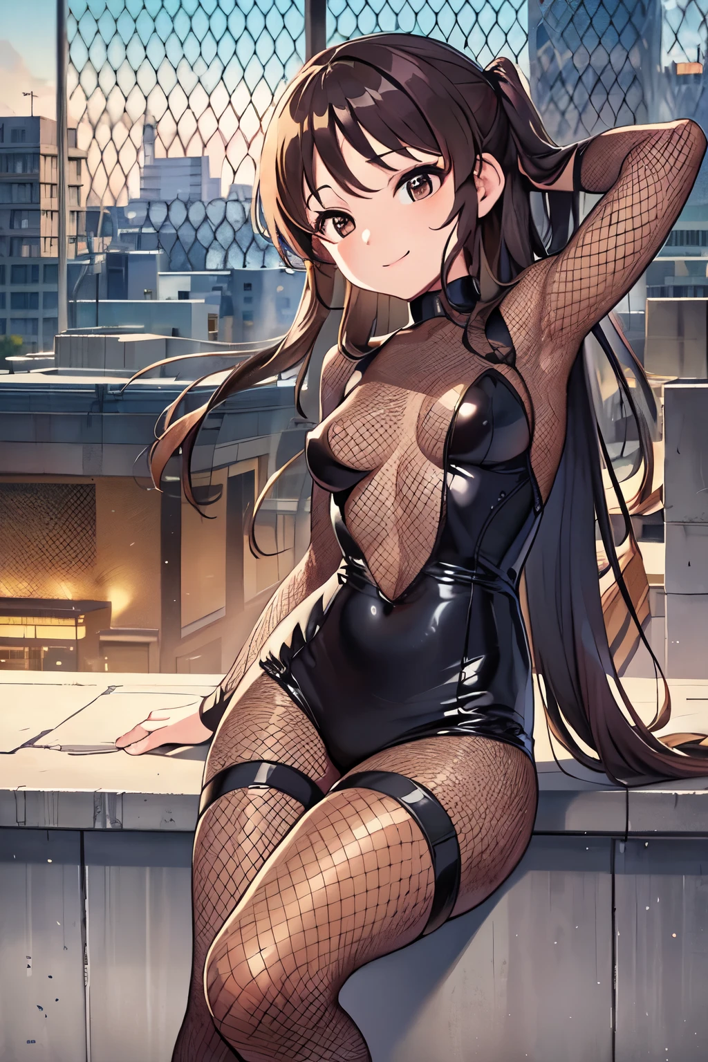 ***********************、*****、Long Hair、Small breasts、Small breasts、Nipples、Embarrassed、Red face、smile、Sweat on the cheeks、((spy、Bodysuits、Fishnet tights))、City of night、Rooftop、Battle pose、********** 、Realistic body