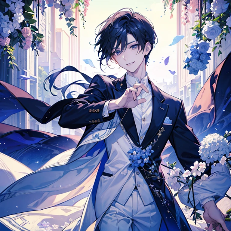 male、Beautiful boy、Beautiful Youth、Relax、calm down、smile、room、Lying in a flower field、Adorable、Sexy appearance、Alluring、Slender、suit、Unbuttoned、Bare Skin、Weakness、relax、Three white eyes、Gentle look、stare、lover、From above