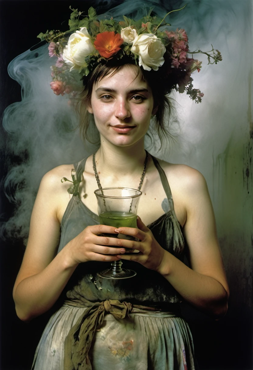 Art by Jan Saudek and Jenny Saville ,Max Ernstrunepunk . smiling Georgian GIRL with floral wreath on her head and holding an hour glass in her hand, A shroud of MIST SURROUNDS THE SCENE.