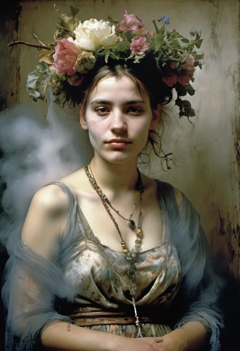 Art by Jan Saudek and Jenny Saville ,Max Ernstrunepunk . smiling Georgian GIRL with floral wreath on her head and holding an hour glass in her hand, A shroud of MIST SURROUNDS THE SCENE.