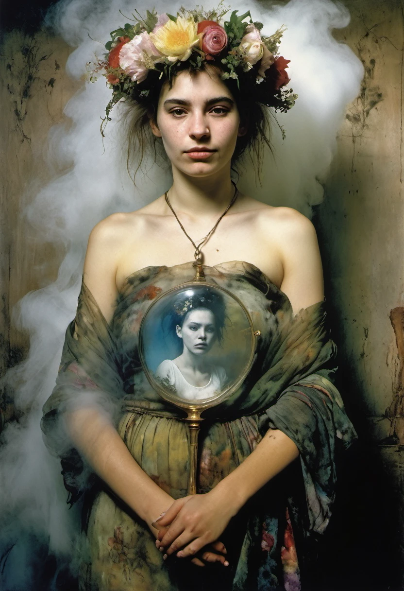 Art by Jan Saudek and Jenny Saville ,Max Ernstrunepunk . smiling Georgian GIRL with floral wreath on her head and holding an hour glass in her hand, A shroud of MIST SURROUNDS THE SCENE.
