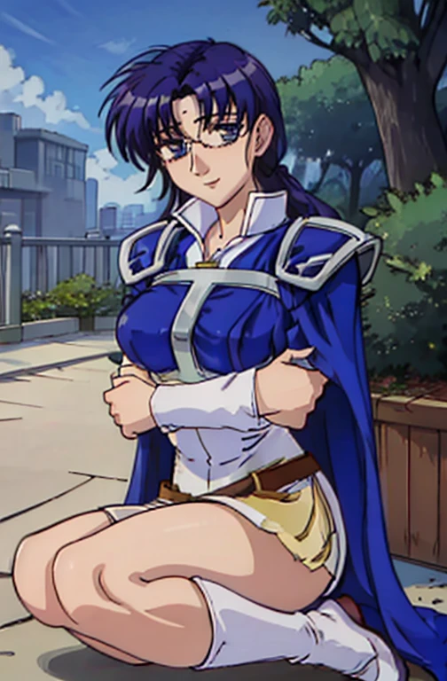 Captivating smile,Kneel with one hand on thigh,head_outside_of_flame,Juno,zettai ryouiki,Thigh-high boots, Pauldrons,White short dress, breastplate, belt, Elbow hand pockets, Scapula, Blue Cape, white footwear,View your viewers, Short sleeve, Shoulder pads, White Skirt, Circlet, White knee socks,outsidedoors,garden,(masterpiece, highest quality, Very detailed, 最高of影)