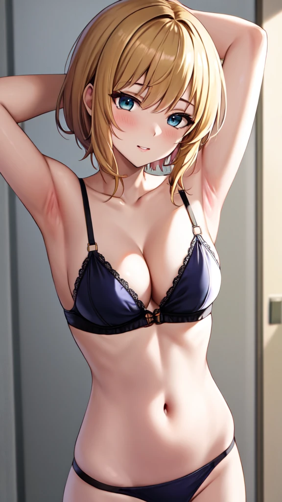 small breasts, smile, anime style, blue eyes, detailed eyes, medium hair, blonde hair, loose hair, bra, no panties, room,