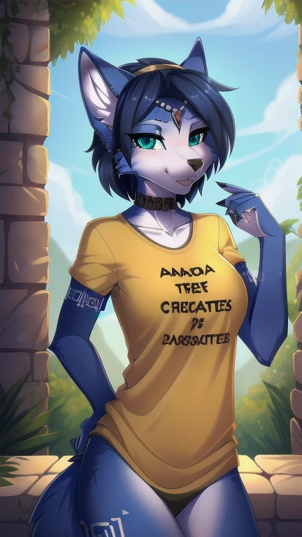 By zinfyu,von twistedscarlet60, uPloaded on Pixiv, von Fluff-Kevlar, (masterPiece), (best quality), (anthro pelzig:1.3, Schnauze:1.2, anthro:1.3, pelzig:1.2, nur Frauen:1.2), (extrem detailliert:1.3),(checkPoint_Modell:1.3),(detailliertes Auge,Umriss des blauen Auges,Hundeauge), BRECHEN,Krystal Fuchs, trage einen schwarzen Rock und ein schwarzes T-Shirt, Auf Viewer anzeigen, Fokussierte Ansicht,showing her Paw, :P