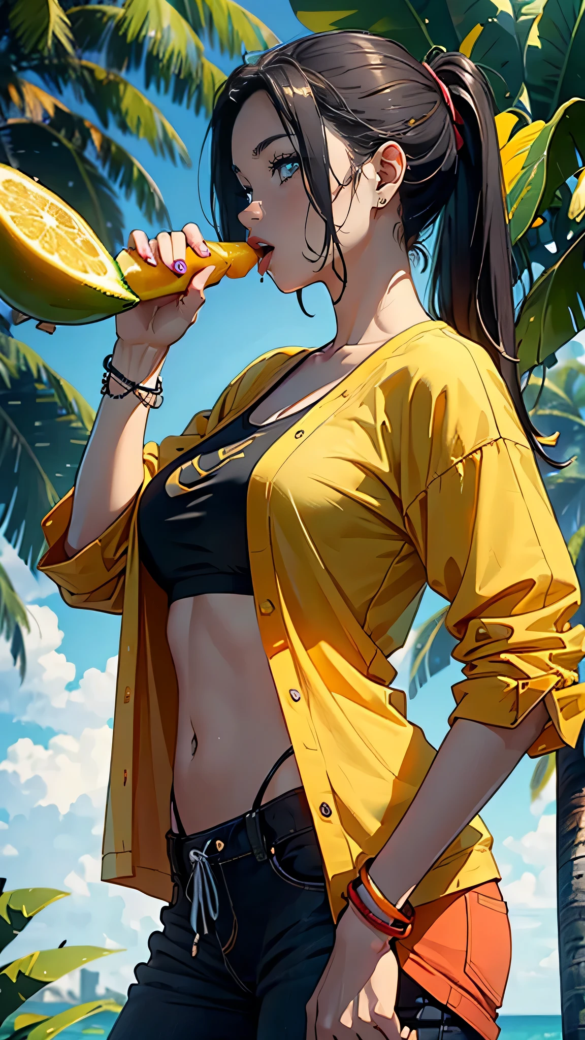 A woman holding a mango fruit in her right hand, Raise your right hand and let mango juice drip from your wrist to your elbow., Woman sticking out her tongue and licking fruit juice, Side view, Sensual,