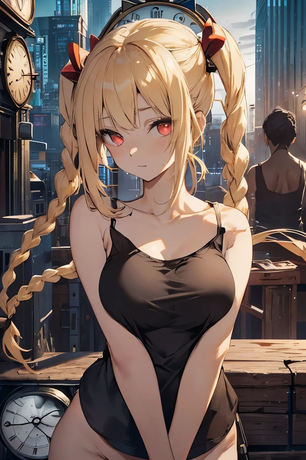 Optimal，masterpiece，High resolution，highest quality，Hyper HD，Very detailed，Award-winning，16k，alone，（Upper Body），Correct Anatomy，Beautiful Cyberpunk Girl，Upper Bodyの写真、Cute face，，blonde、Long Hair、Twin tails、Braid, Hairline，（（Scarlet Eyes）），Long eyelashes，Drooping eyelids，White skin，((Shoot from the front:1.5)), ((sexy camisole:1.5)), ((Clock Top:1.5))、rocket , (Large Breasts),