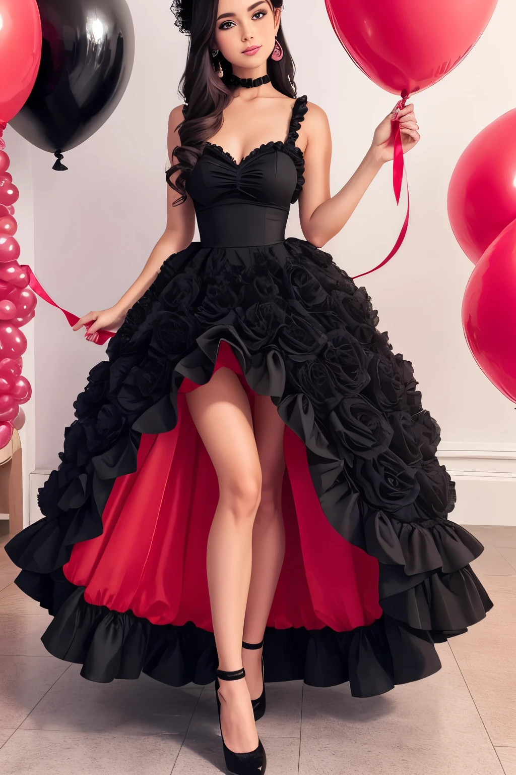 Sexy woman in a black dress holding a red balloon, Moda lolita, wearing a pink romantic tutu, Bela Delfina, Vestido preto e vermelho, wearing red romantic tutu, estilo de cor rosa e vermelho, non-rococo style dress, a huge pink balloon, estampado com um desenho, the design is the word Erika on the balloons.