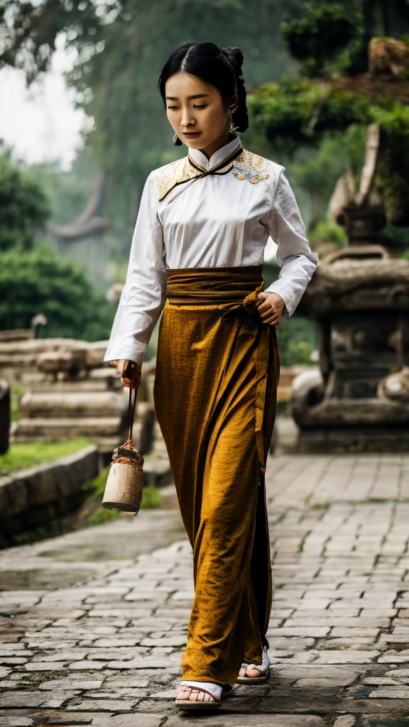 Ancient Chinese young woman walking alone