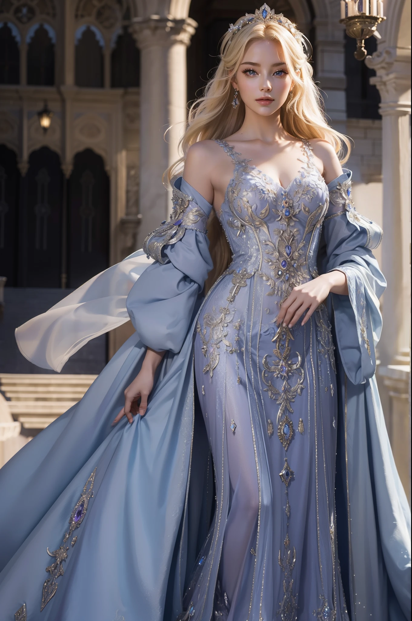 ((top quality、masterpiece、realistic:1.4、In 8K))、beautiful woman、18 years old、Beautiful facial expressions、blond hair、Highly detailed eyes and face、beautiful and delicate eyes、suit gloves、（Gorgeous purple luxury dress in medieval European style、medieval european style headdress)、red dress、luxury accessories、（Woman walking down the hallway of a european style castle）、glass shoeovie lights、textured skin、super detail、high detail、high quality、highest resolution、looking at viewer、Graceful smile、whole body、European、