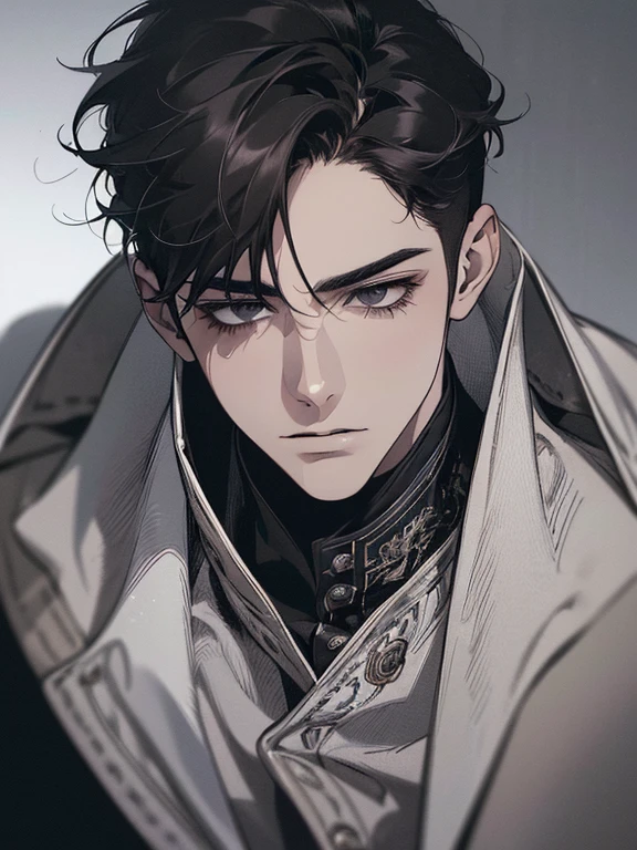 (best quality digital art digital illustration 4k high resolution beautiful image hyper-detailed image perfect lines soft lighting night environment focus face soft zoom) (1:1 photorealistic) (neutral colors hdr 1.4) a young adult man (thoughtful expression) black and white modern clothes black eyes medium black hair