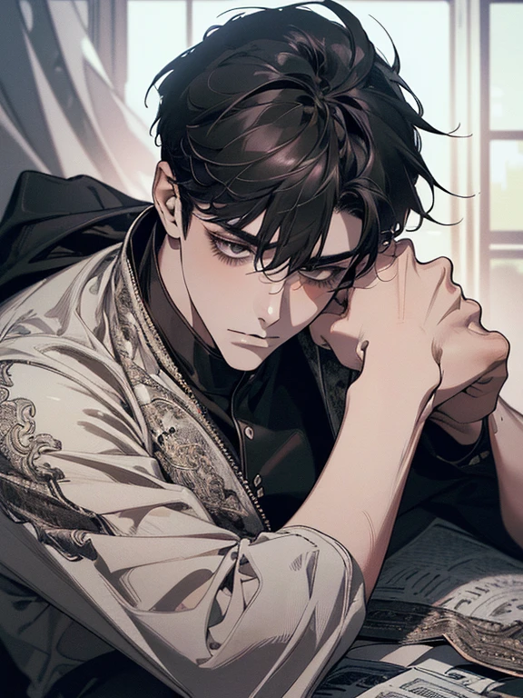 (best quality digital art digital illustration 4k high resolution beautiful image hyper-detailed image perfect lines soft lighting night environment focus face soft zoom) (1:1 photorealistic) (neutral colors hdr 1.4) a young adult man (thoughtful expression) black and white modern clothes black eyes medium black hair