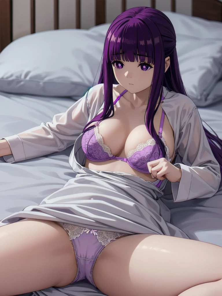 (((Pixel Perfect, Perfect detail))), ((alone, 1 girl)), fern, long hair, bangs, (purple eyes:1.1), purple hair, sidelocks, blunt bangs, (bright pupils:1.5), half updo, long sleeves, dress, white dress, long dress, robe, black robe, (bra), (lying on the bed:1.3), (spread legs:1.3), (showing panties :1.3), upper body, indoor