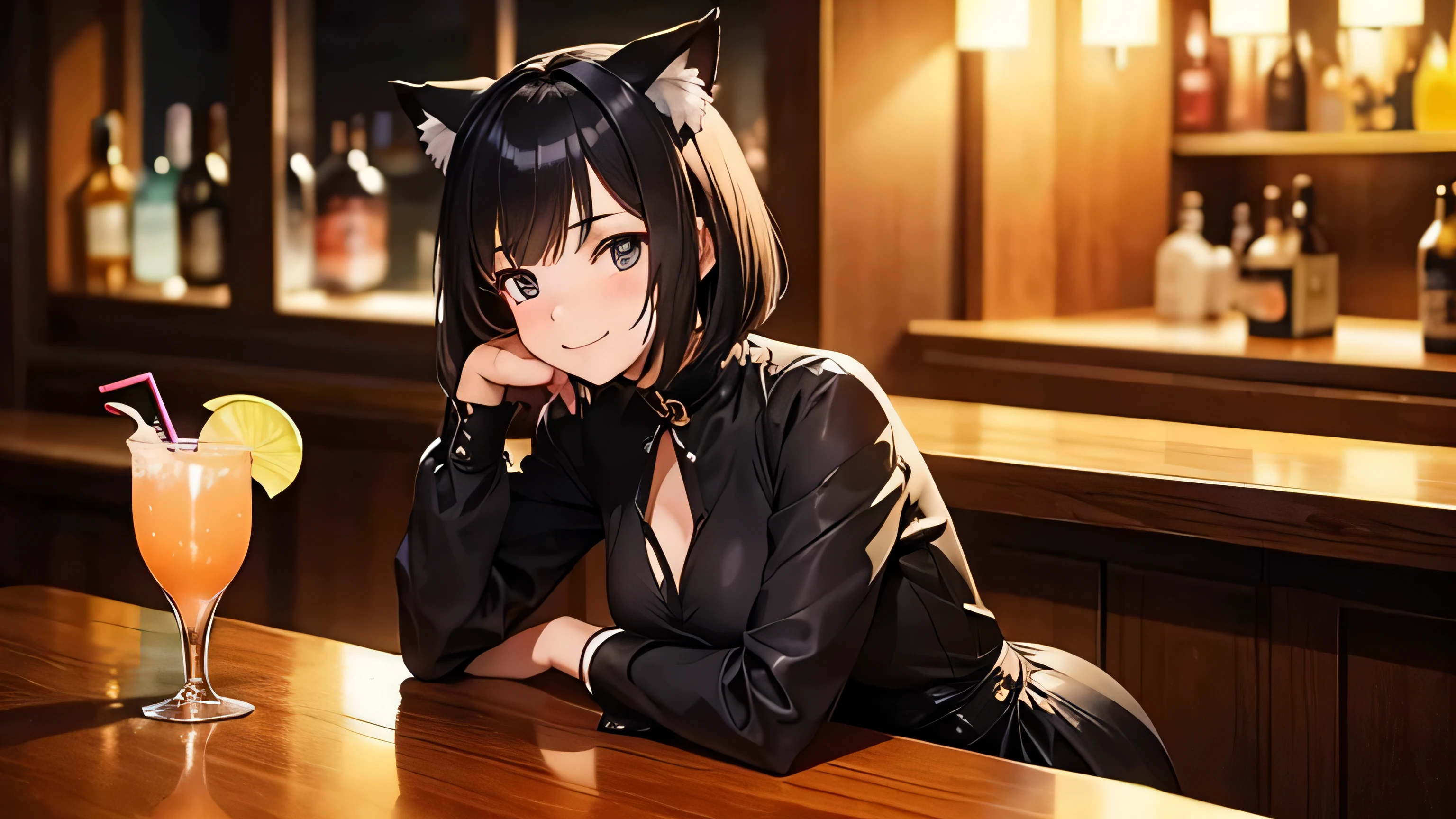 Beautiful girl with cat ears drinking a cocktail at a bar、dimly lit bar、smile、The hairstyle is a bob cut