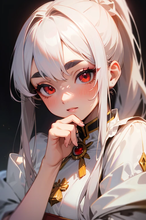 (highest quality, masterpiece:1.2), High resolution, Very detailed, Realistic:1.37, Fantasy, An illustration, Hair is whiteいです、Red eyes、Queen, White Dress.Platinum decoration、beautifully、Eyeshadow Red、Thick eyebrows、Long eyelashes、pupils are black、Hair is whiteい、Kissing Face、Embarrassing、Loved、ponytail、Hair is white、very cute、Shoulder Bare、