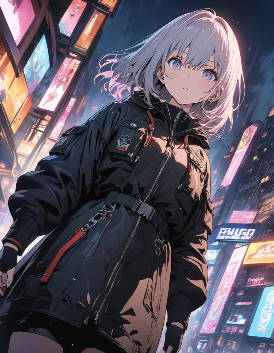 anime style, super fine illustration, highly detailed, dynamic angle, beautiful detailed, 8k, At night, in a cyberpunk cityscape, a female police officer patrols the neon-lit streets. Her footsteps echo against the damp pavement as she keeps a watchful eye on the shadows, ready to enforce justice in this futuristic metropolis.(highest quality、masterpiece、High resolution、detailed)、animeスタイル、Flat Style、(Beautiful Eyes, Delicate and beautiful face, )  、Dynamic Angle、anime