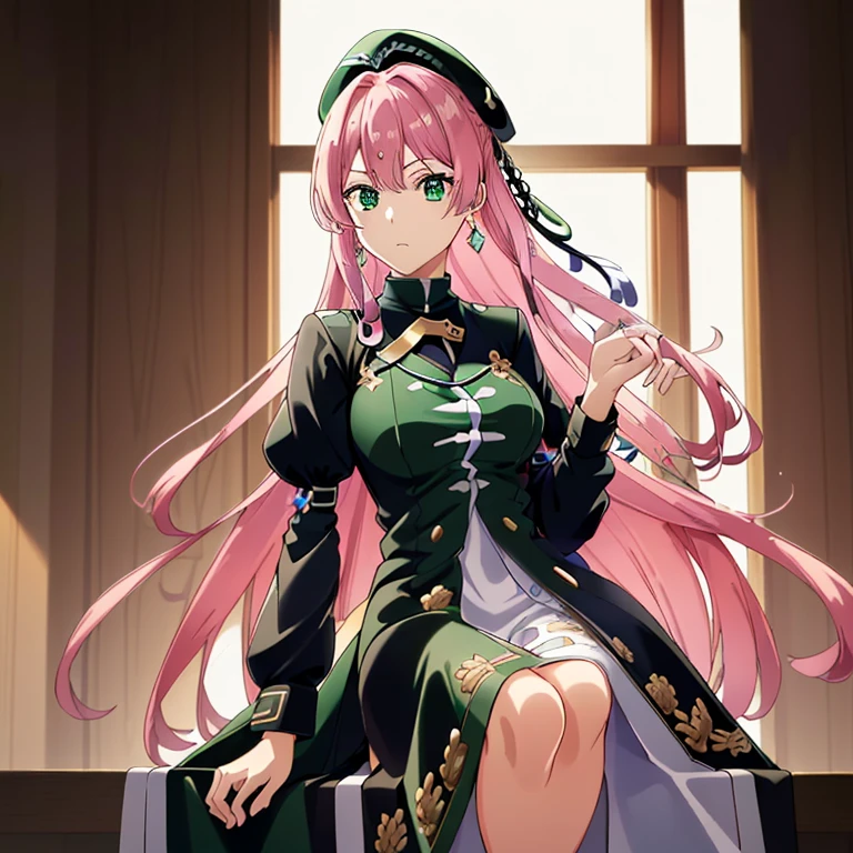 ((masutepiece)), (((Best Quality))), ((Ultra-detailed)), ((Illustration)), finely detail, extremely detailed CG unity 8k, hight resolution, {Beautiful detailed eyes}, finely detail,
1girl in, Long hair, Pink hair, Green eyes, (big eye), megustume, beret, military outfits, guns