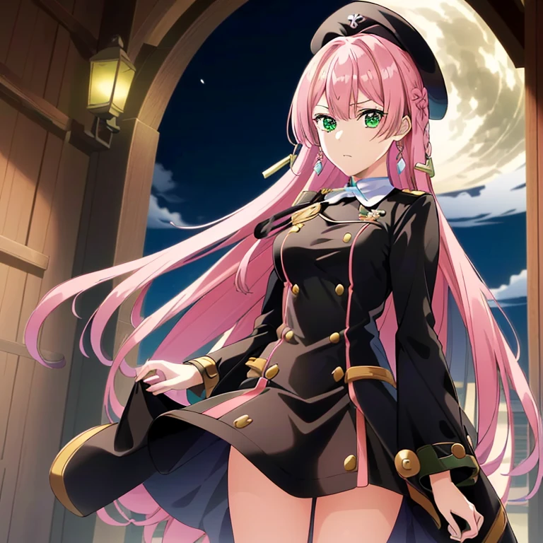 ((masutepiece)), (((Best Quality))), ((Ultra-detailed)), ((Illustration)), finely detail, extremely detailed CG unity 8k, hight resolution, {Beautiful detailed eyes}, finely detail,
1girl in, Long hair, Pink hair, Green eyes, (big eye), megustume, beret, military outfits, guns