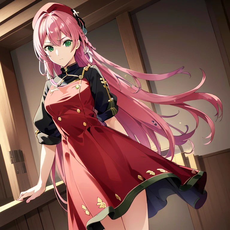 ((masutepiece)), (((Best Quality))), ((Ultra-detailed)), ((Illustration)), finely detail, extremely detailed CG unity 8k, hight resolution, {Beautiful detailed eyes}, finely detail,
1girl in, Long hair, Pink hair, Green eyes, (big eye), megustume, beret, military outfits, guns