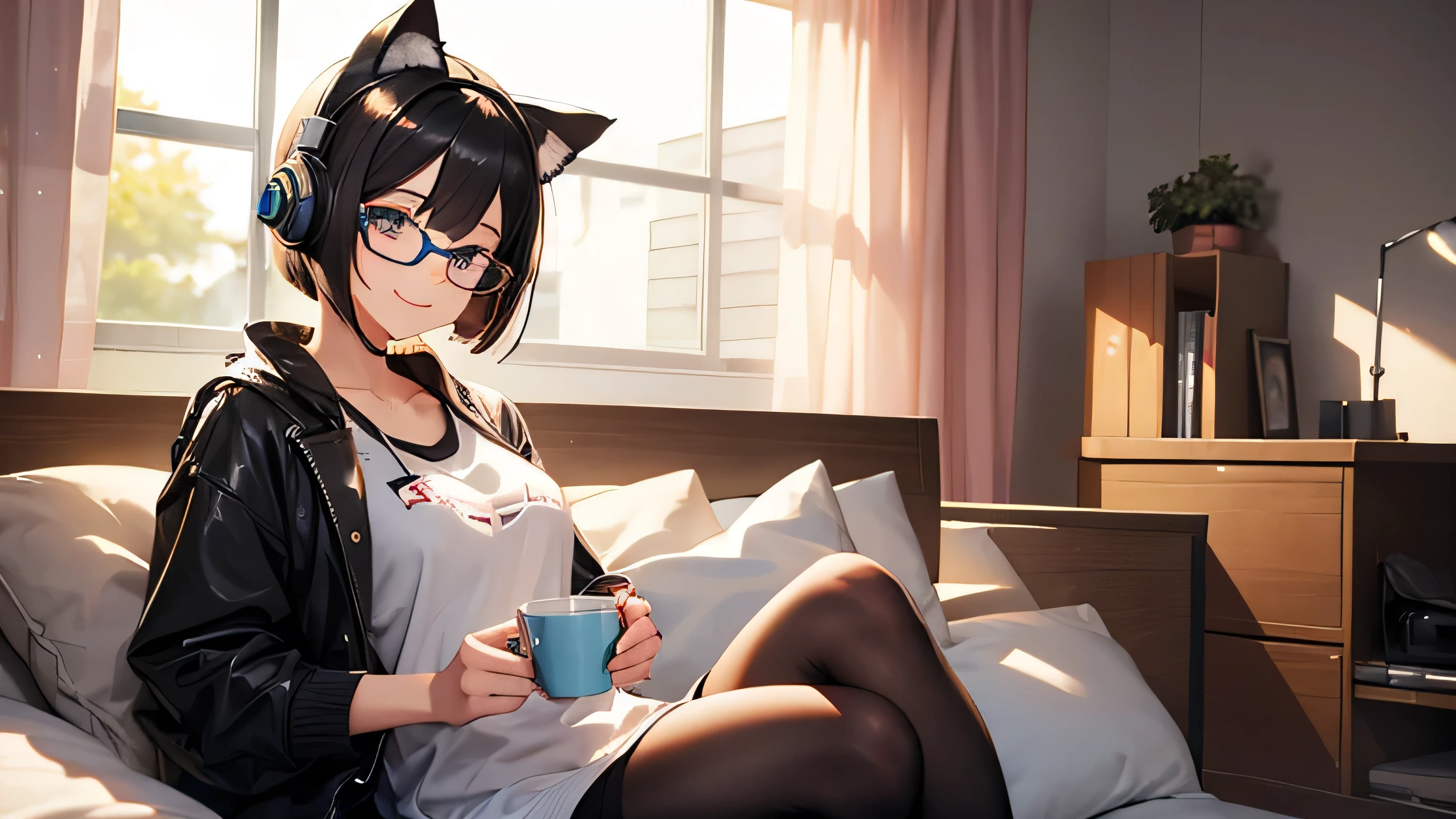 A beautiful girl wearing cat ear headphones holding a coffee cup in her room、Wearing glasses、The eyes and mouth are smiling、The room is dark、The hairstyle is a bob cut