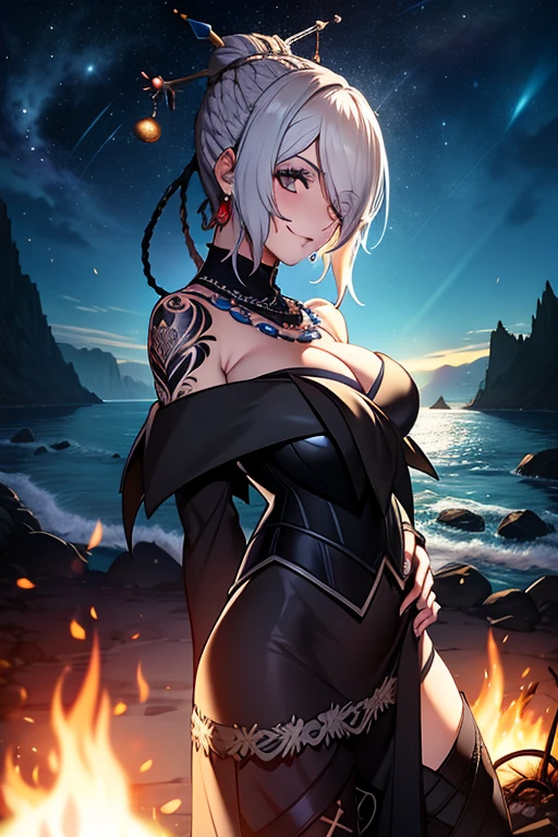 junge Frau, white hair, Pelzkleid, tattooed arms, dunkle Schatten, rote Augen, smiling, An einem Strand, in der Nacht, Sterne im Himmel, dunkelblauer Himmel, lit by a campfire, 4k, Gothic-Stil, lulu, Schluss mit der Fantasie