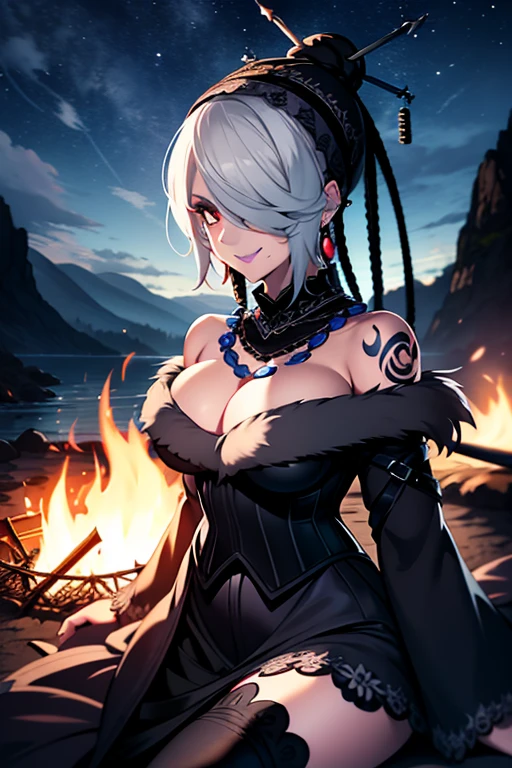 junge Frau, white hair, Pelzkleid, tattooed arms, dunkle Schatten, rote Augen, smiling, An einem Strand, in der Nacht, Sterne im Himmel, dunkelblauer Himmel, lit by a campfire, 4k, Gothic-Stil, lulu, Schluss mit der Fantasie
