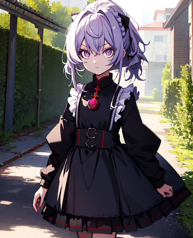 Masterpiece,(Best quality, clarification,Detailed face:1.3),(1girl,Single:1.3),Beautiful detailed eyes, yard, Regression_background, Regression, maid, Purple eyes,red Poetry,Small breasts,, break, enmaided, white_yard, black_dress, pony tail, black_shoes, embellished_yard, dress, maid_yard, alternative_Poetry,very long Poetry, Divides_pony tail, aura