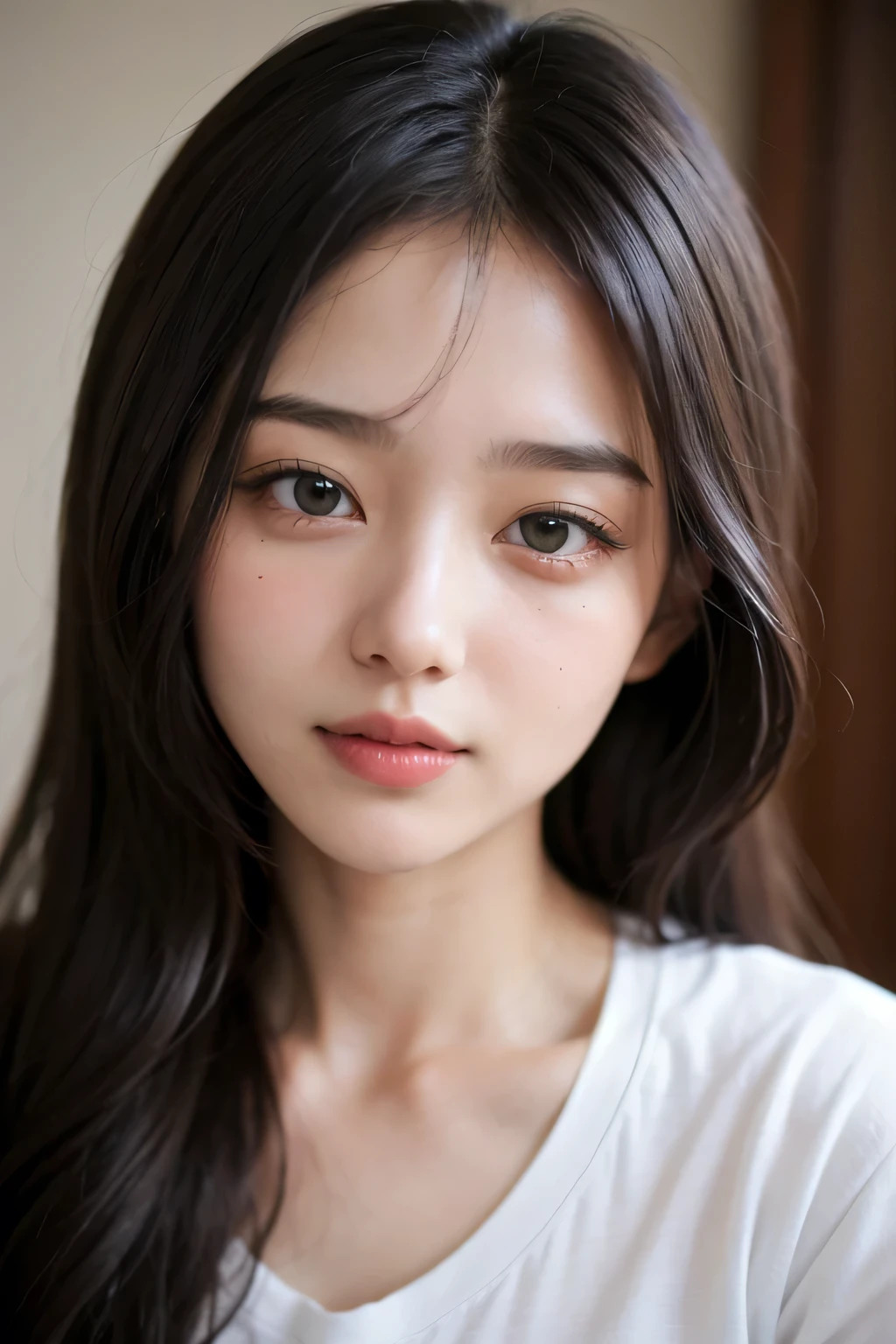 y and cute woman, black brown hair, long hair, straight hair, weak eyes, blushing intensely, lips parted, ready to kiss, long oversized white shirt