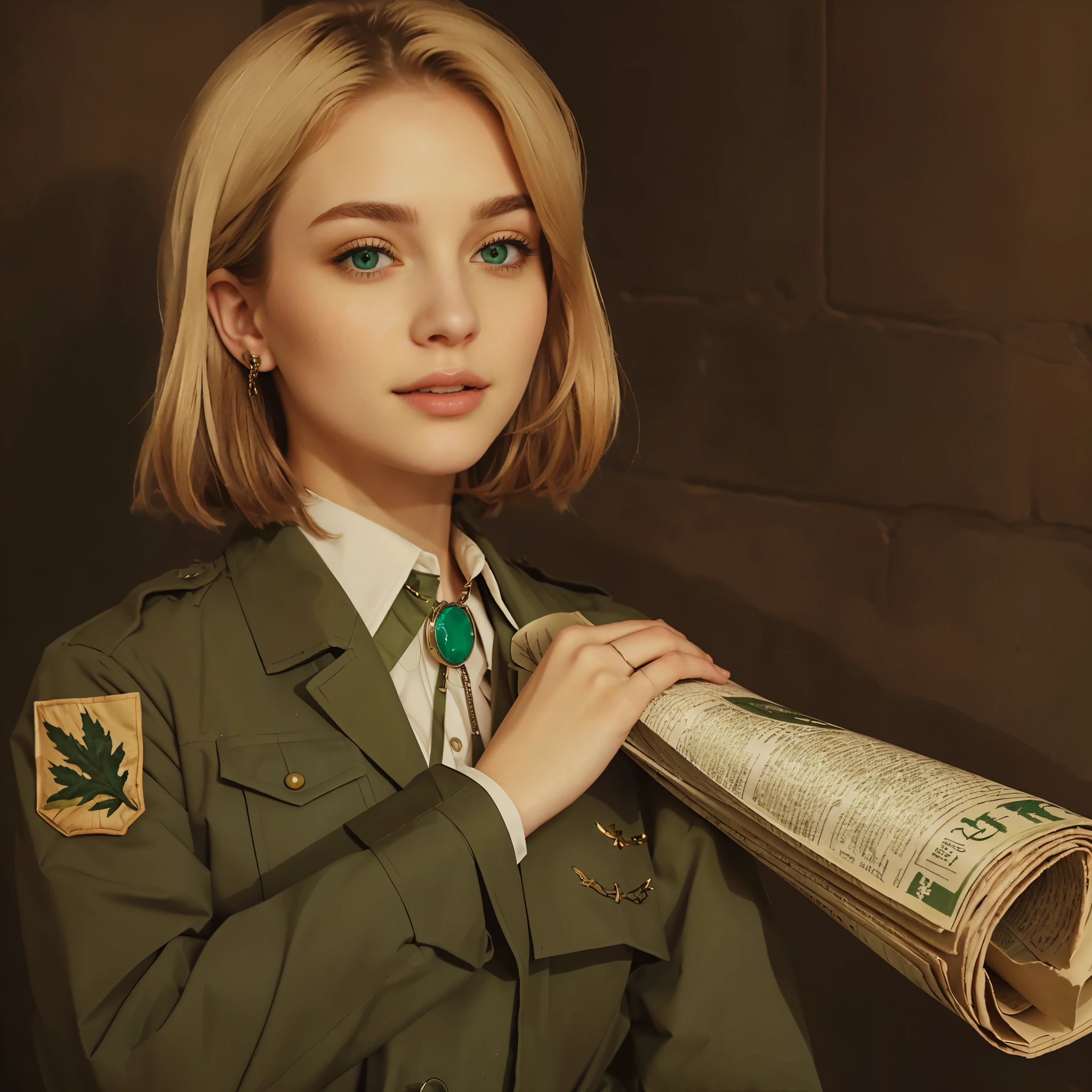 white girl, light brown hair, holding a rolled up newspaper, wearing a green military coat, blue pendant necklace