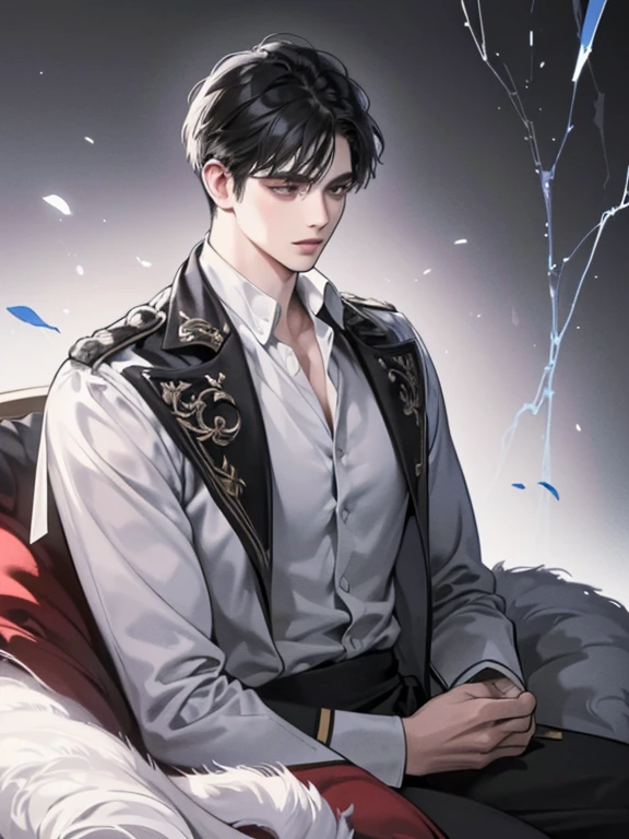 (best quality digital art digital illustration 4k high resolution beautiful image hyper-detailed image perfect lines soft lighting night environment focus face soft zoom) (1:1 photorealistic) (neutral colors hdr 1.4) a young adult man (thoughtful expression) black and white modern clothes black eyes medium black hair