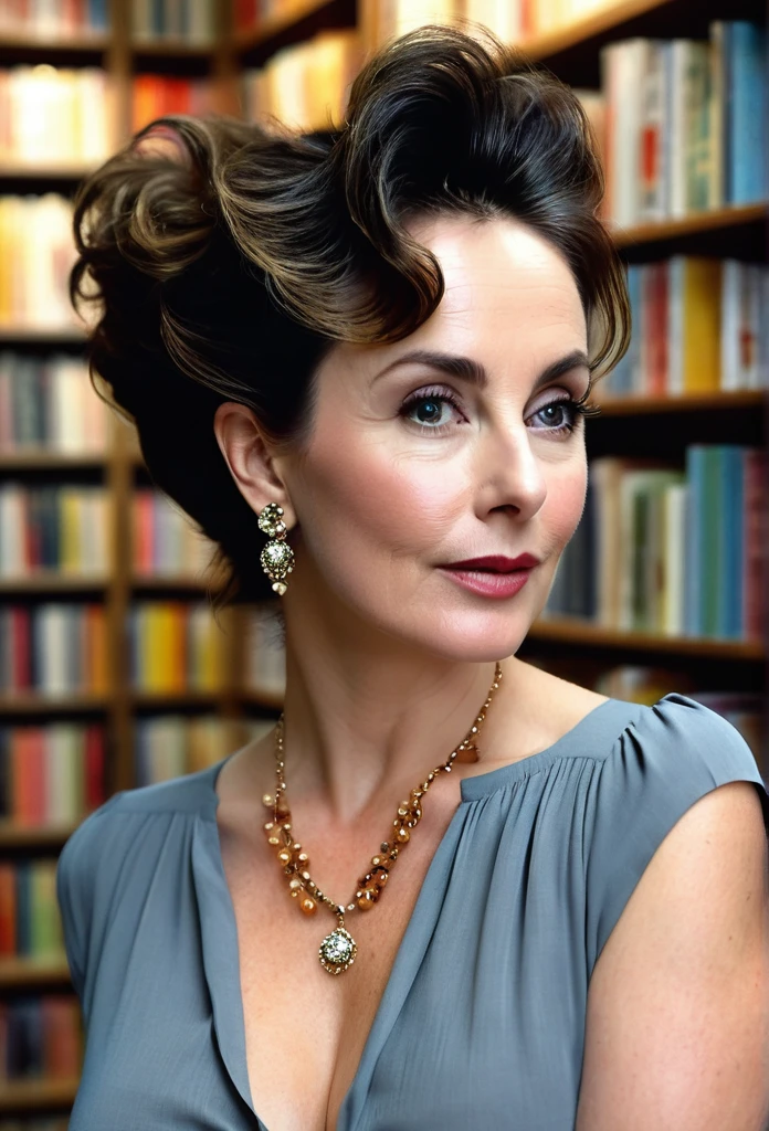 (photorealistic, candid photo), gorgeous European mature lady [Elizabeth Taylor:Maude Adams:0.45], pale skin, messy hair bun, subtle makeup, perfect curves, busty, slightly chubby, oval pretty face, sharp almond eyes, sharp cheekbones, perfect high nose, perfect large , very attractive, wearing a sexy blouse showing out her breasts, tight jeans, a thin pendant necklace, earrings, bracelet, retrobigguns, choosing some books in a big bookshop with bookshelves lining on the wall. she looks very sexy and lustful, eye level camera, vibrant color, soft ambience lighting, sharp focus, full body view, wide angle lens, symmetrical composition, perfect composition, rule of thirds composition, subject positioned off-center, perfect body anatomy, proportional body,  photo realism, best quality, 8k, masterpiece