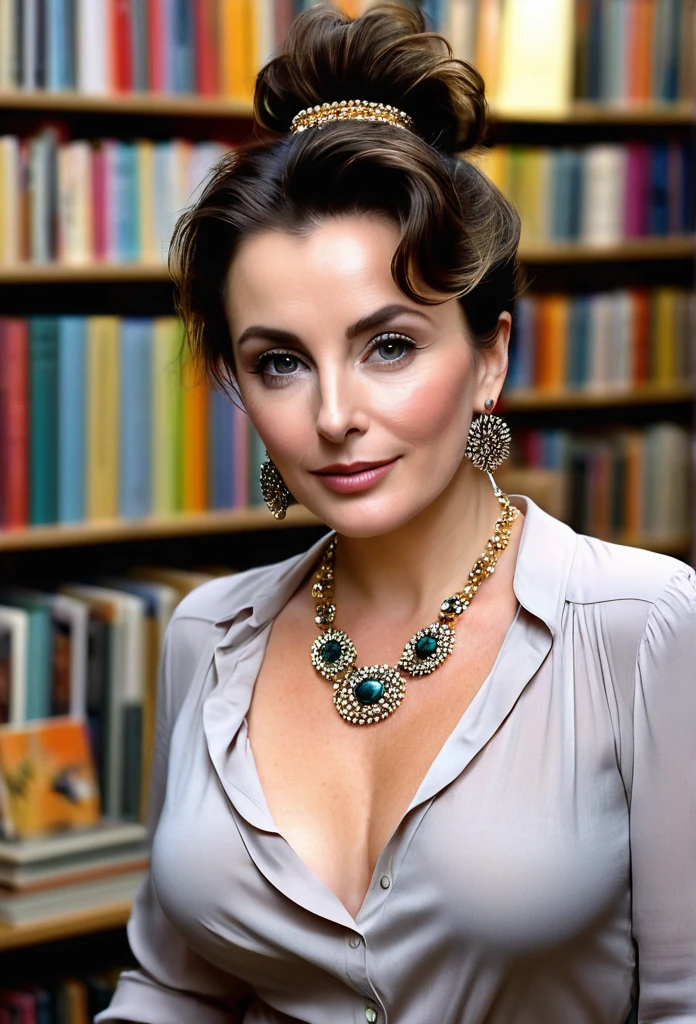 (photorealistic, candid photo), gorgeous European  lady [Elizabeth Taylor:Maude Adams:0.45], pale skin, messy hair bun, subtle makeup, perfect curves, busty,htly chubby, oval pretty face, sharp almond eyes, sharp cheekbones, perfect high nose, perfect large , very attractive, wearing a sexy blouseowing out her breasts, tight a thin pendant necklace, earrings, bracelet, retrobigguns, choosing some books in a big bookshop with bookshelves lining on the wall. she looks very sexy and lustful, eyevel cameribrant color, soft ambience lighting, sharp focus, full body view, wide angle lens, symmetrical composition, perfect composition, rule of thirds composition, subject positioned off-center, perfect body anatomy, proportional body,  photo realism, best quality, 8k, masterpiece