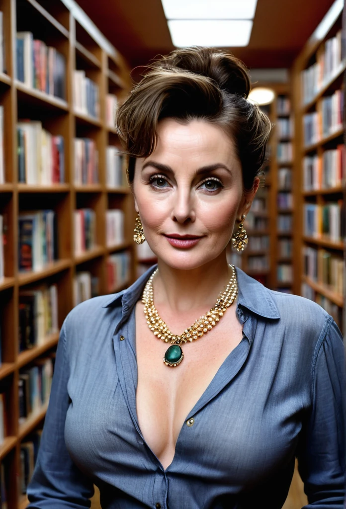 (photorealistic, candid photo), gorgeous European mature lady [Elizabeth Taylor:Maude Adams:0.45], pale skin, messy hair bun, subtle makeup, perfect curves, busty, slightly chubby, oval pretty face, sharp almond eyes, sharp cheekbones, perfect high nose, perfect large , very attractive, wearing a sexy blouse showing out her breasts, tight jeans, a thin pendant necklace, earrings, bracelet, retrobigguns, choosing some books in a big bookshop with bookshelves lining on the wall. she looks very sexy and lustful, eye level camera, vibrant color, soft ambience lighting, sharp focus, full body view, wide angle lens, symmetrical composition, perfect composition, rule of thirds composition, subject positioned off-center, perfect ????????????, proportional body,  photo realism, best quality, 8k, masterpiece