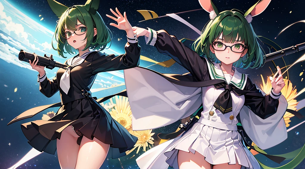 neat figure, 5 girl, girl, very short hair, Air bangs, deep green hair, extremely beautiful detailed anime face and eyes, ^ ^, highly detailed skin, rabbit ears, Round rabbit tail, Black glasses without a frame on top, gun, sailor dress, Long sleeve, white skirt, black background Clothes, Japanese style architecture, space, outdoors, luminous particles, Very detailed CG unified 8k wallpaper, very fine 8KCG wallpaper, hyper quality,