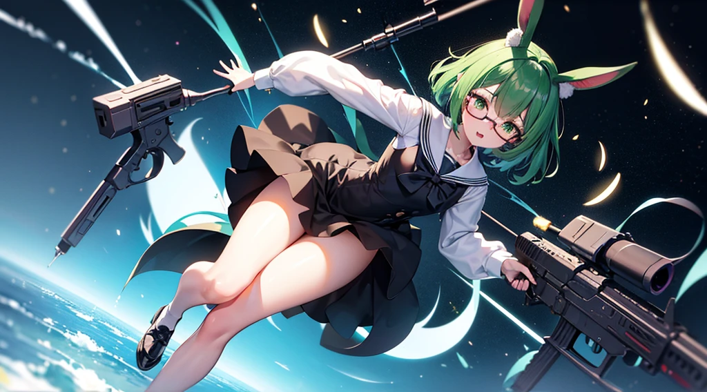 neat figure, 5 girl,  girl, very short hair, Air bangs, deep green hair, extremely beautiful detailed anime face and eyes, ^ ^, highly detailed skin, rabbit ears, Round rabbit tail, Black glasses without a frame on top, gun, sailor dress, Long sleeve, white skirt, black background Clothes, Japanese style architecture, space, outdoors, luminous particles, Very detailed CG unified 8k wallpaper, very fine 8KCG wallpaper, hyper quality,