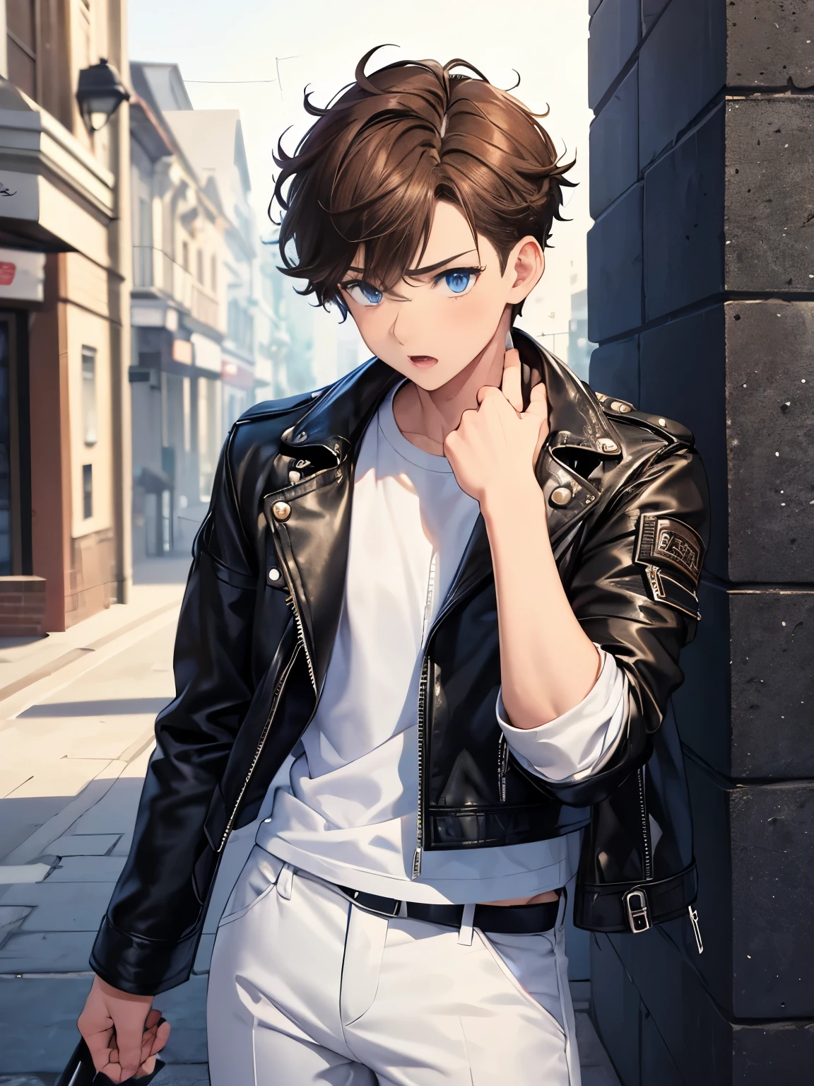 1boy,guy,Surprised expression, looking away, standing,blue eyes,half body photo,18 years old,Curly hair,medium hair,undercut hairstyle,light brown hair,black jacket,Leather jacket,white t-shirt,white trousers,morning,ultra detail,masterpiece