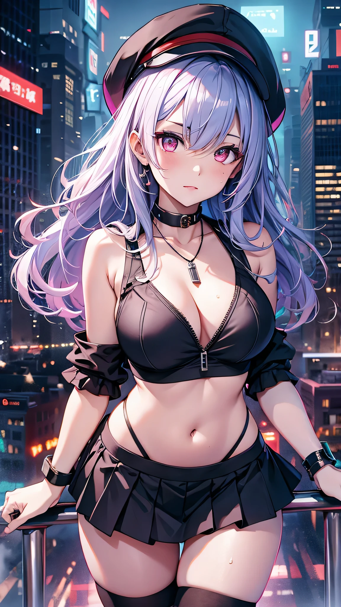 最high quality、Best image quality、masterpiece、girl((18-year-old、 By becoming、Best Bust、Medium Bust,Wide open breast tea、Red glowing eyes,Silver Hair、Disheveled Hair、Long Hair、thin,The highest valley、Open chest、Luminous Wristbands、hat、hair ornaments、luminous necklace、Black sleeveless hoodie(1:2)、Blue short skirt、Angle from directly above、Disheveled clothing、Show the whole body,Low - Angle、Hacker-like、sweating、lure)),high quality、Beautiful art、background((Neon Town、Neon Light、Neon rooftop at night))、Flight、Flying debris、Written boundary depth、movie、Visual Arts、Perfect art、8K,Genuine、