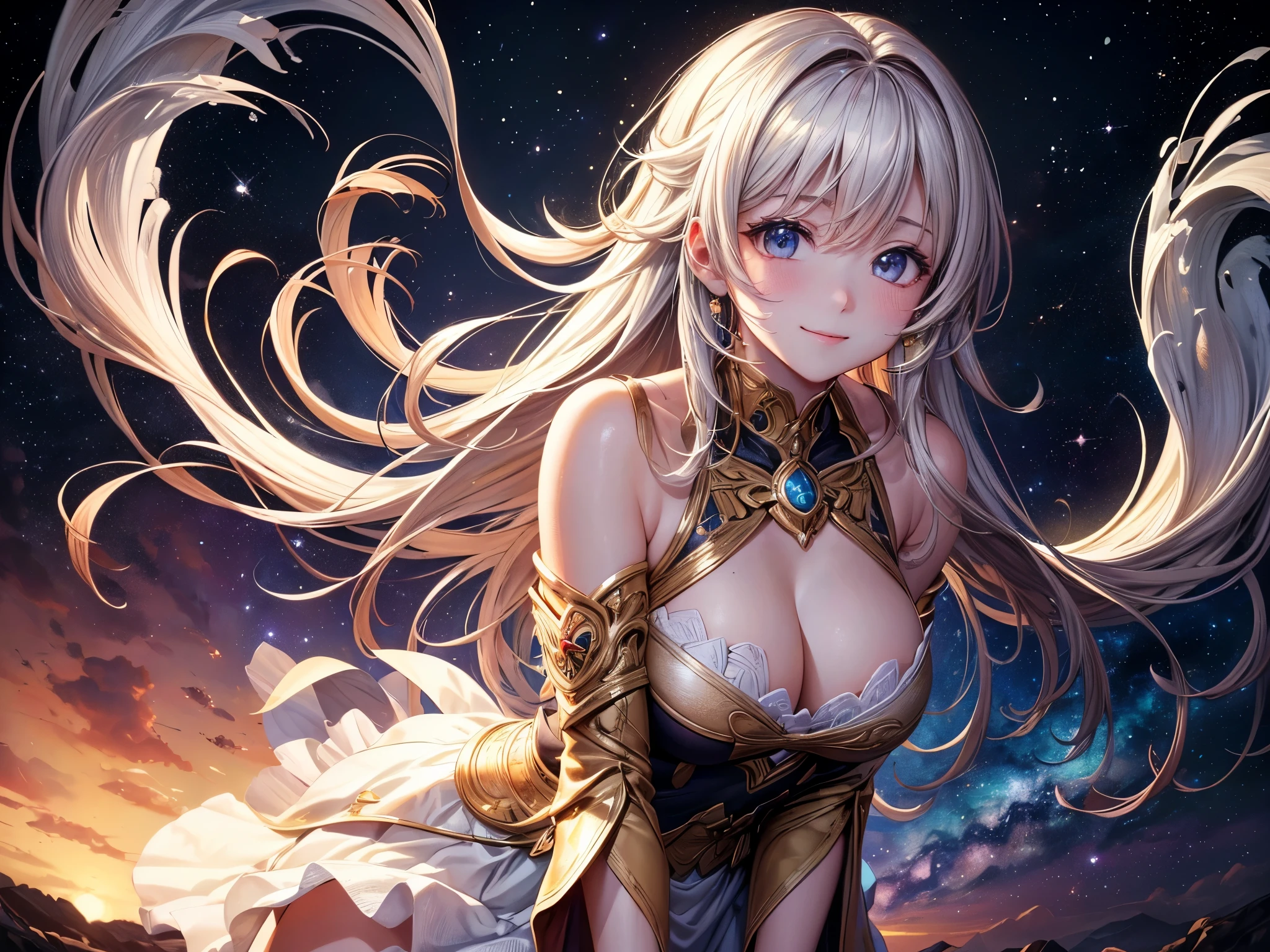((highest quality)),(Ultra-high resolution),(Very detailed),(Detailed Description),((The best CG)),(A masterpiece),Ultra-precise art,Amazing drawing art,(Art with precise detail:1.5), smile, Shine, Glowing galaxies