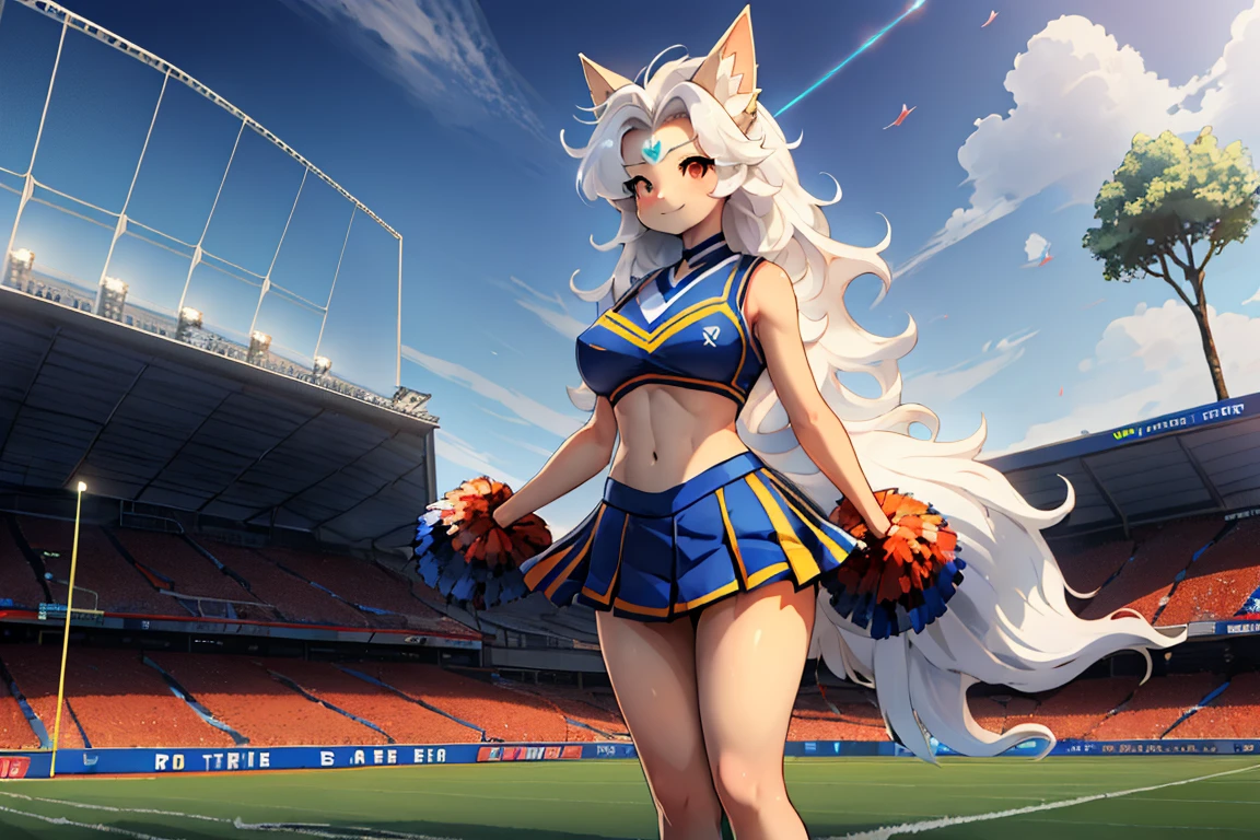 a beautiful female cheerleader, red cheerleader costume, red skirt, see-through white panties, ecstatic face, close eyes, lying, spread legs, raise leg, bare breasts, bare nipples, focus crotch, stadium, masterpiece, anime illustration, high quality,two side up,grey hair,white hair,animal ears,red hairpin:1.3,red ribbon,red eyes,orange eyes,yellow eyes,small breasts,pubic hair,