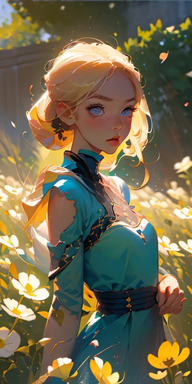 (Best Quality, masutepiece), 1girl in, Pose, Particle, Wind, flower, Upper body,  Background, Looking at Viewer, Focus on Face, Blonde,