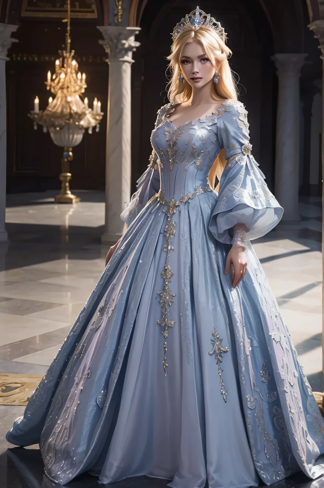 ((top quality、masterpiece、realistic:1.4、In 8K))、beautiful woman、18 years old、Beautiful facial expressions、blond hair、Highly detailed eyes and face、beautiful and delicate eyes、suit gloves、（Gorgeous purple luxury dress in medieval European style、medieval european style headdress)、red dress、luxury accessories、（Woman walking down the hallway of a european style castle）、glass shoeovie lights、textured skin、super detail、high detail、high quality、highest resolution、looking at viewer、Graceful smile、whole body、European、