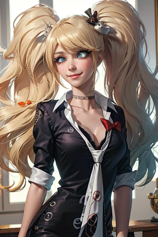 masterpiece, best quality, ultra-detailed, illustration, epic lighting, cinematic composition, isometric, 1girl, (solo:1.5), cute, blue eyes, green eyes, detailed iris, blonde hair, swept bangs, single sidelock, red hairclip, unbuttoned white shirt, choker, loose black necktie, black pants, formal, enchanting gaze, captivating pose, indoors, office, door, opening door, looking at viewer, peeking out upper body, blush, seductive smile, closed mouth,(8k:1.1), (ahegao:1.5)