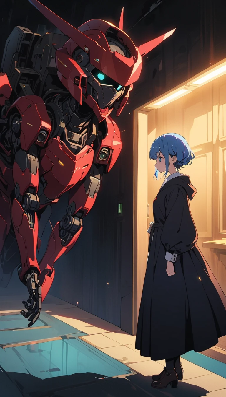 mechanical, Mecha, one person, one personで, short hair, profile, Science fiction, smile, Blue Hair, (headgear:1), technical background,(highest quality、masterpiece、High resolution、detailed)、animeスタイル、Flat Style、(Shine目、detailed美しい顔),  BREAK,1 girl、extremely detailed(The Shining), Best lighting, Best Shadow、floating, (High saturation), (Shine),Full Body, Dynamic Angle、anime