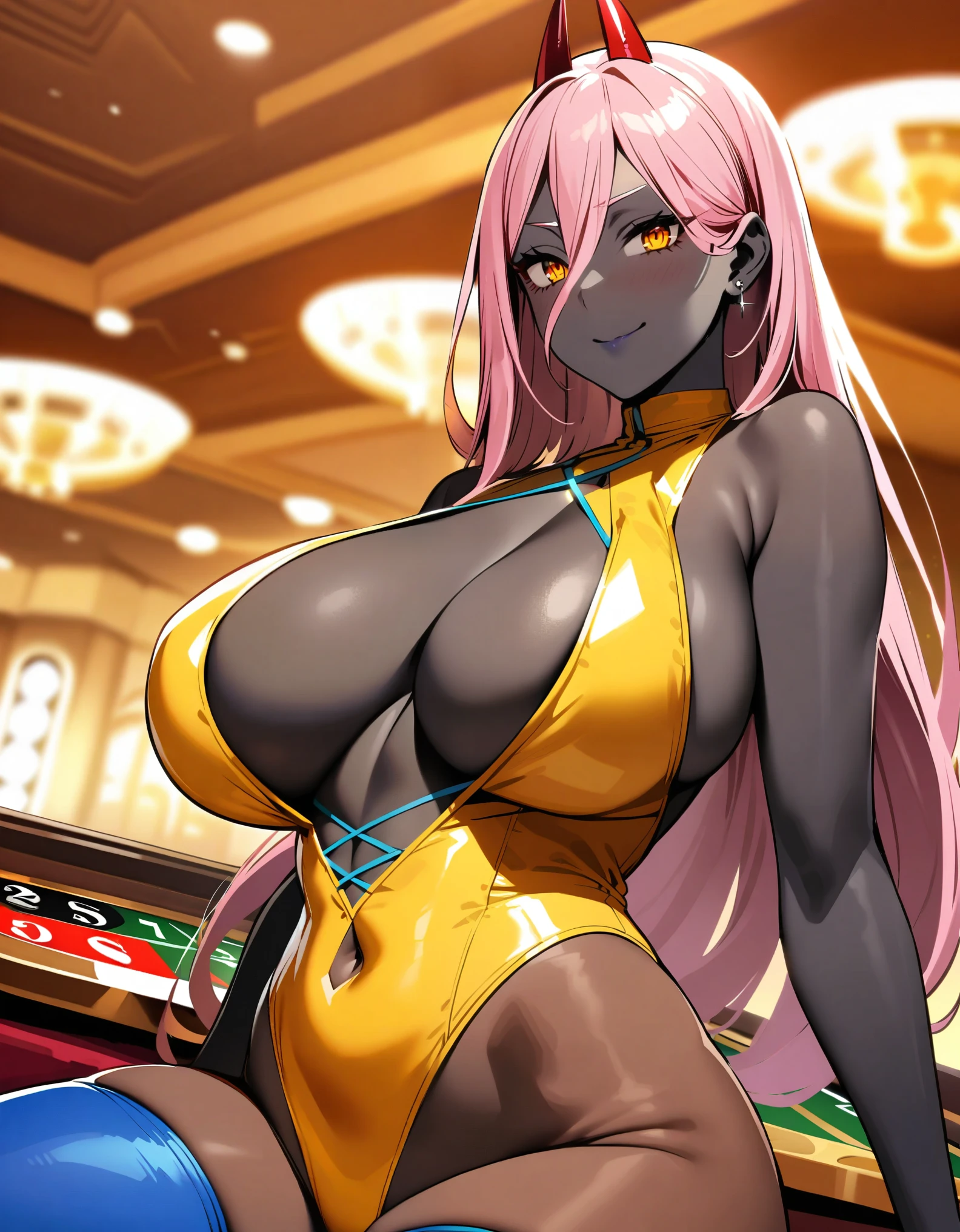 masterpiece, best quality, extremely detailed, 1girl, (milf, motherly), solo, (dark skin, black skin:2), power_\(chainsaw_man\), (huge breasts:1.15), ((((pink hair), long hair, yellow eyes, red horns))), purple lips, (((yellow leotard, center opening, cross-laced, navel, blue pantyhose))), ((light smile, sadistic), closed mouth), ((casino))