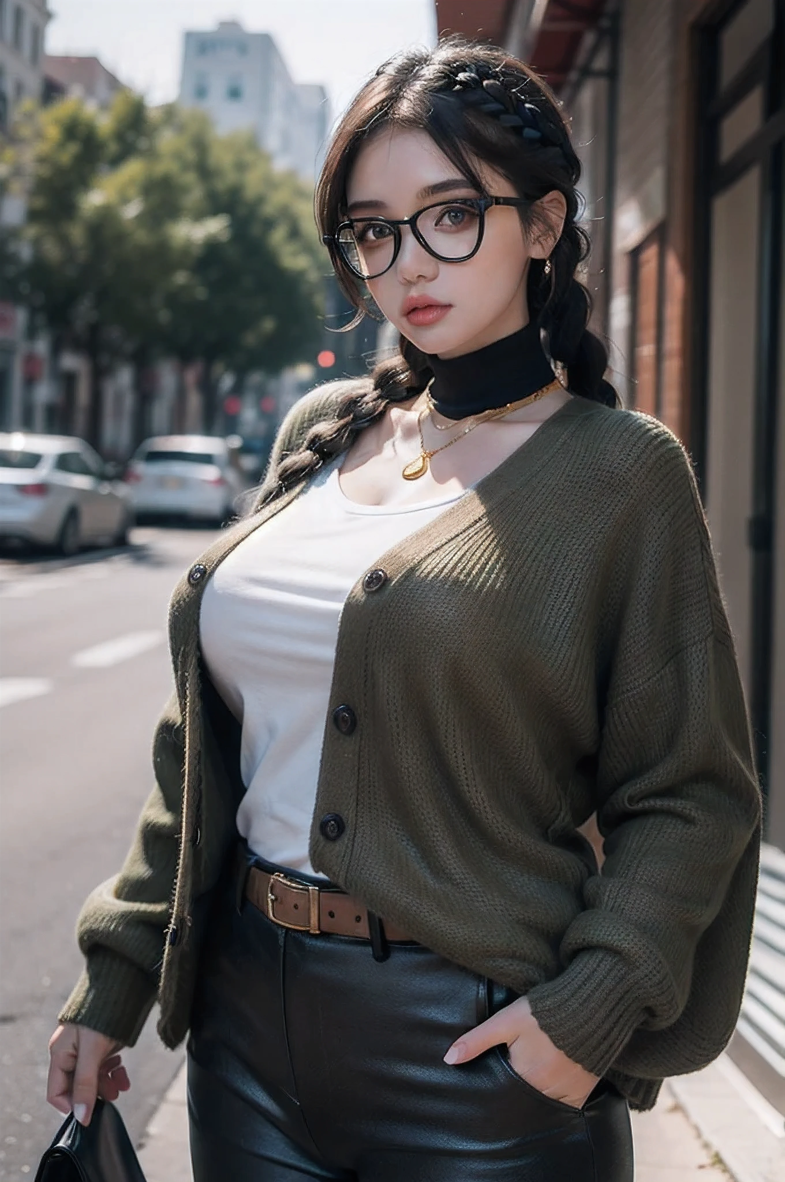 (masterpiece1.5),adult lady,Huge breasts,Solo,(((braid))), Long hair, half-opened mouth,(Red Frame Glasses),(Black hair), (large eyes with double eyelids),(Thick lip),(lofty nose),(High gauge (tight fitted:1.1) (Black:1.3) turtle neck:1.1), (Tuck-in:1.3), (Orange Cardigan:1.2), (checkered (Dark olive green) Tapered pants:1.3), Dark brown belt, Gold necklace, (Dark brown:1.1) lowfers,Nice backgrounds for your subject、beatiful backgrounds、spot light、Vibrant colors、(((Detailed drawing)))、Perfect Beautiful Girl