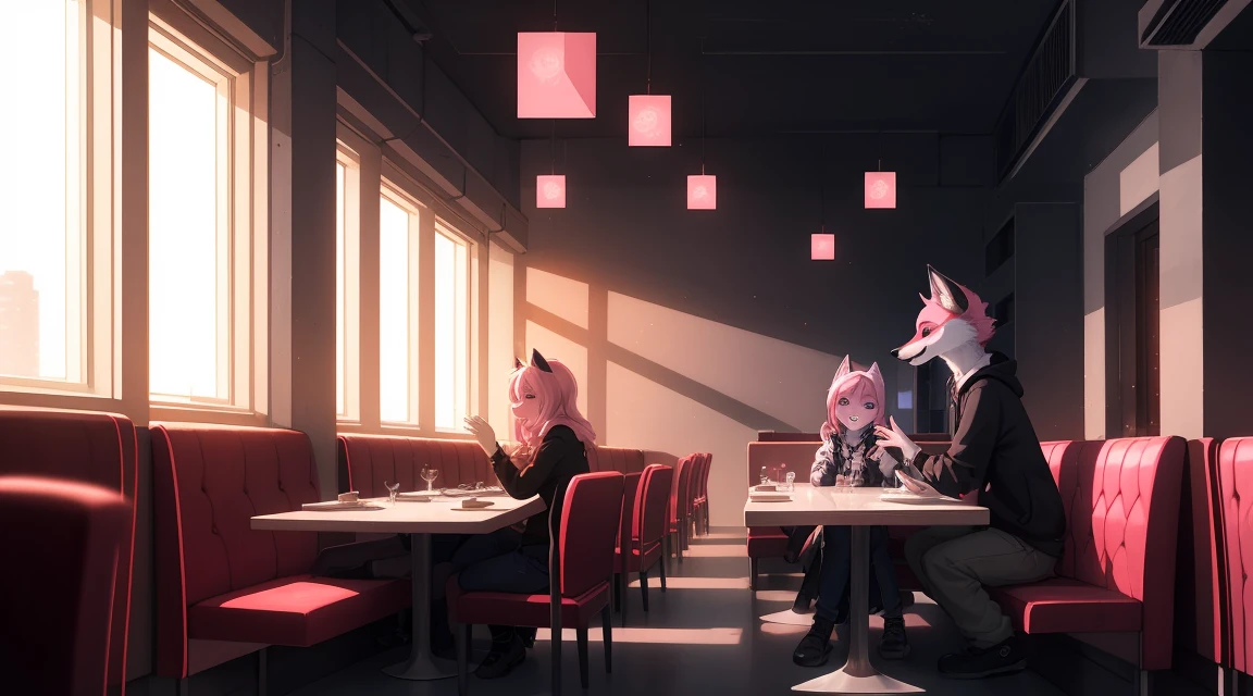 Cyberpunk fox, Beautiful light and shadow on light pink hair and childlike face、Dining atmosphere lighting effects 、Ultra-fine fur、Volumetrisches Licht ist sehr detailliert，Furry art of the highest quality