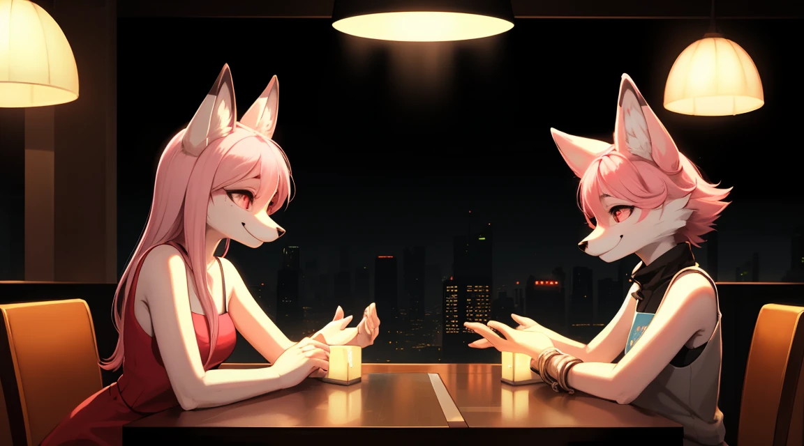 Cyberpunk fox, Beautiful light and shadow on light pink hair and childlike face、Dining atmosphere lighting effects 、Ultra-fine fur、Volumetrisches Licht ist sehr detailliert,Furry art of the highest quality