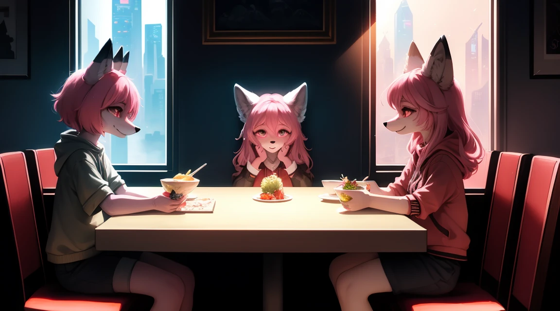 Cyberpunk fox, Beautiful light and shadow on light pink hair and childlike face、Dining atmosphere lighting effects 、Ultra-fine fur、Volumetrisches Licht ist sehr detailliert，Furry art of the highest quality