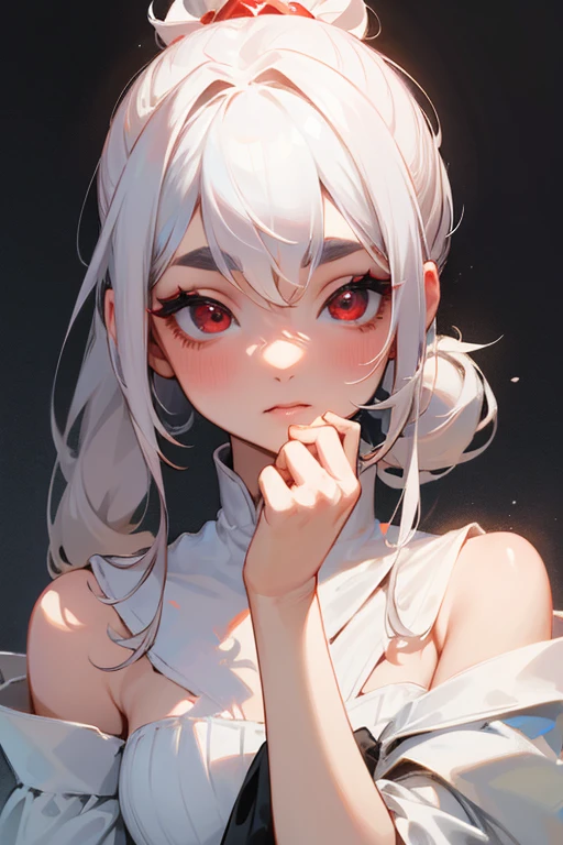 (highest quality, masterpiece:1.2), High resolution, Very detailed, Realistic:1.37, Fantasy, An illustration, Hair is whiteいです、Red eyes、Queen, White Dress.Platinum decoration、beautifully、Eyeshadow Red、Thick eyebrows、Long eyelashes、pupils are black、Hair is whiteい、Kissing Face、Embarrassing、Loved、ponytail、Hair is white、very cute、Shoulder Bare、Shoulder Bare、