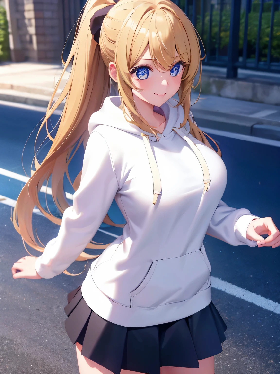 1woman,super beautiful,Walk,Smile,looking away, looking away,,half body photo,Beautiful eyes, very detailed face,cute, tennis skirt,HD face, perfect face, white hoodie,long hoodie,black mini skirt,Very big breasts,Blonde hair,long hair,ponytail,bangs,blue eyes,ultra detail,ultra Hd, masterpiece,4k