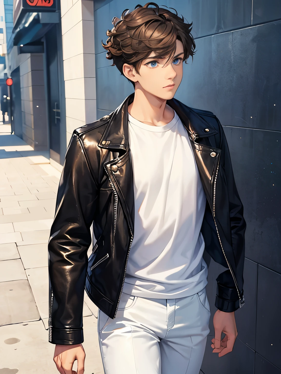 1boy,guy,Walking, looking away, looking away,blue eyes,half body photo,18 years old,Curly hair,medium hair,undercut hairstyle,light brown hair,black jacket,Leather jacket,white t-shirt,white trousers,morning,ultra detail,masterpiece